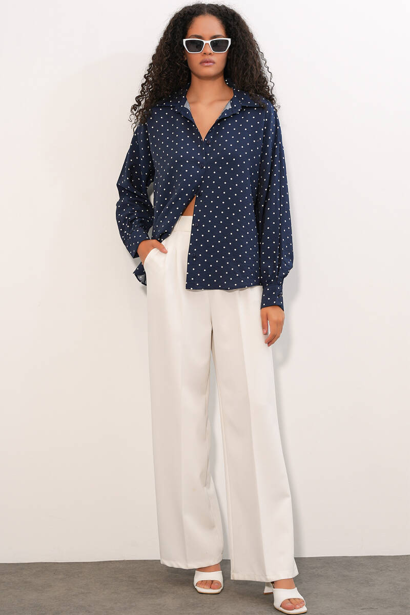 Kadın Oversize Puantiyeli Gömlek 20392 - Lacivert (1)