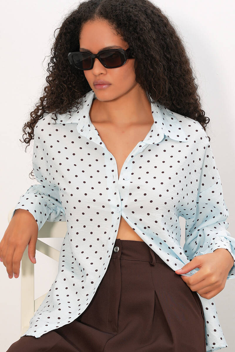 Kadın Oversize Puantiyeli Gömlek 20392 - Mavi - BİGDART