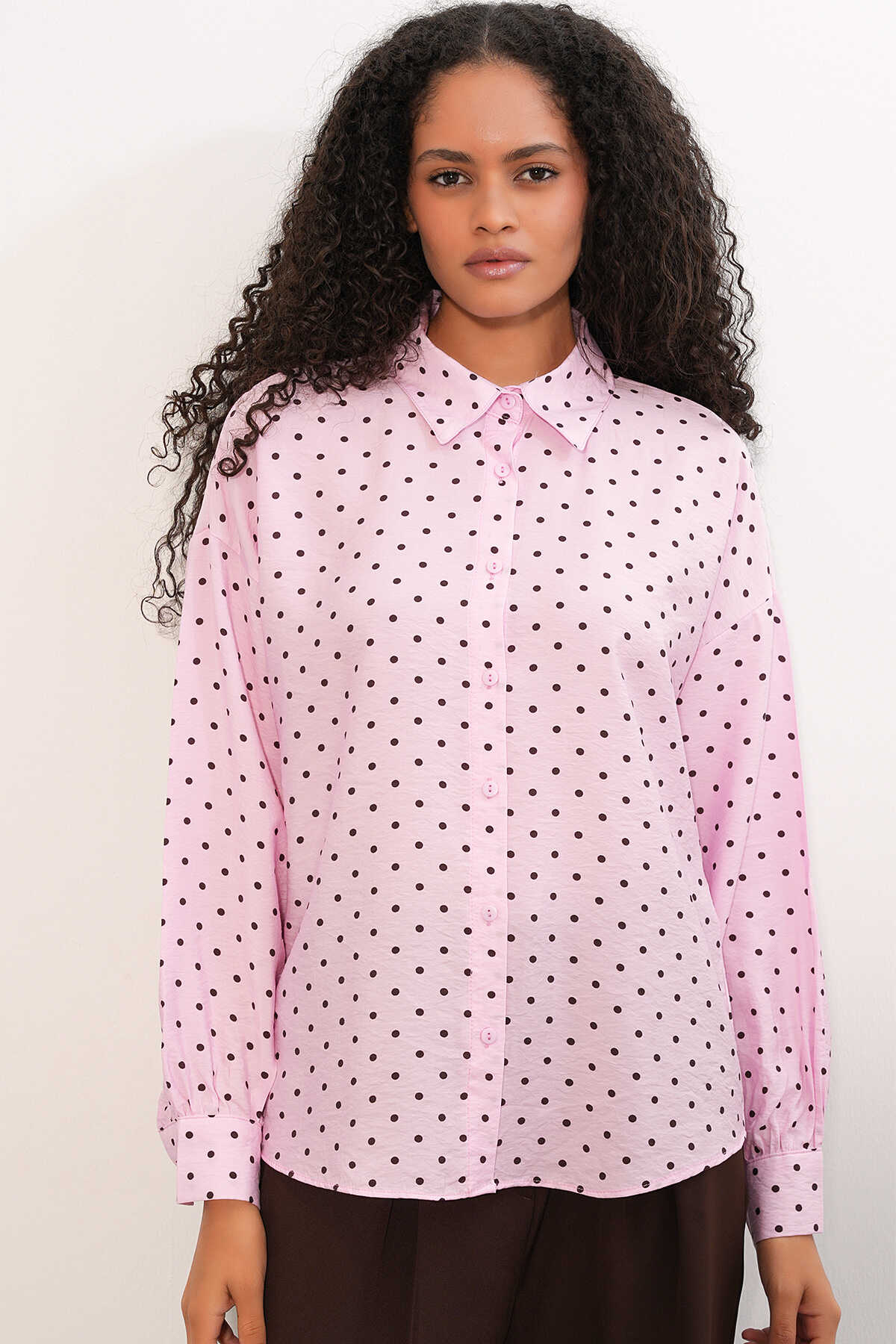 Kadın Oversize Puantiyeli Gömlek 20392 - Pembe - 3