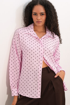 Kadın Oversize Puantiyeli Gömlek 20392 - Pembe - 4