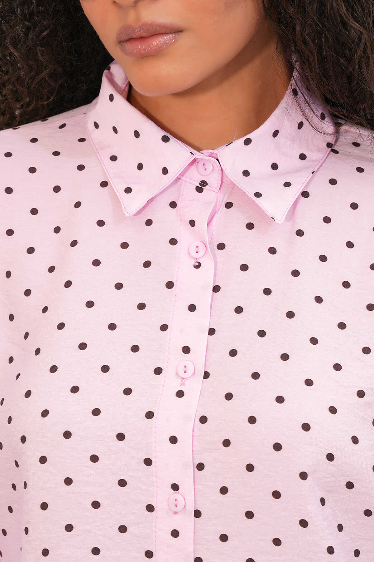 Kadın Oversize Puantiyeli Gömlek 20392 - Pembe - 5