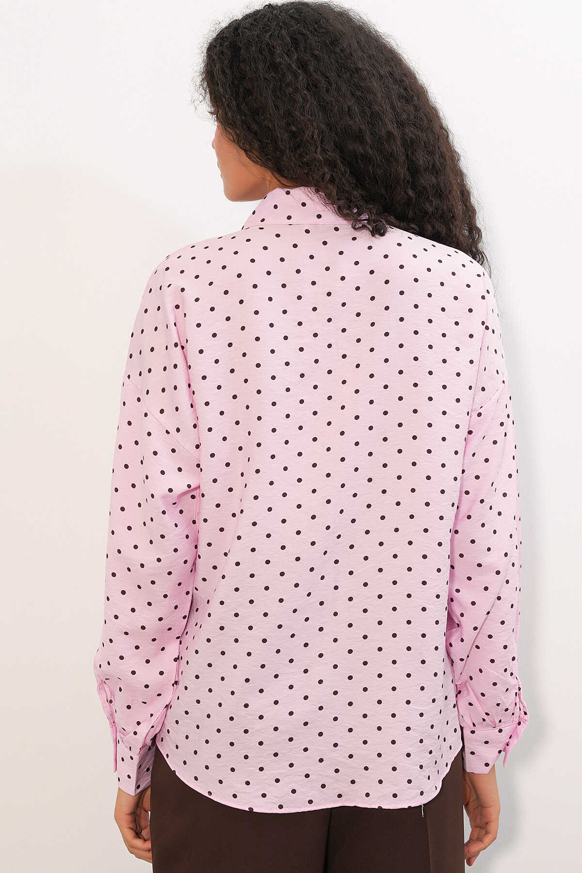 Kadın Oversize Puantiyeli Gömlek 20392 - Pembe - 6