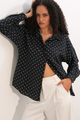 Kadın Oversize Puantiyeli Gömlek 20392 - Siyah - BİGDART