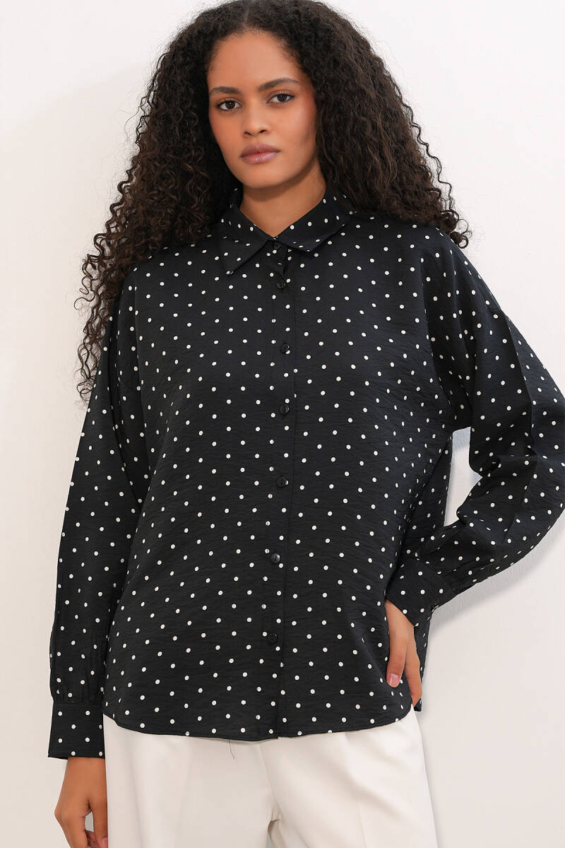 Kadın Oversize Puantiyeli Gömlek 20392 - Siyah (1)