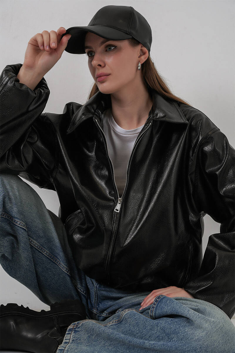 Kadın Oversize Suni Deri Ceket 1049 - Siyah - BİGDART