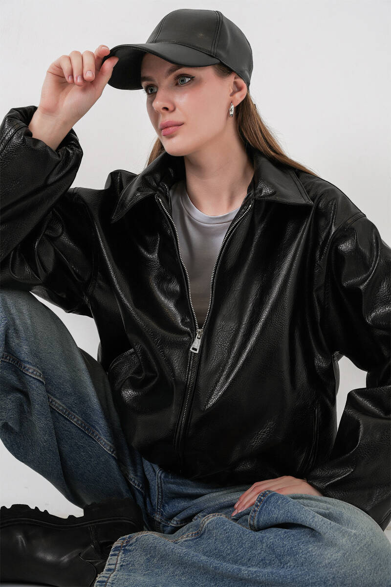 Kadın Oversize Suni Deri Ceket 1049 - Siyah - BİGDART