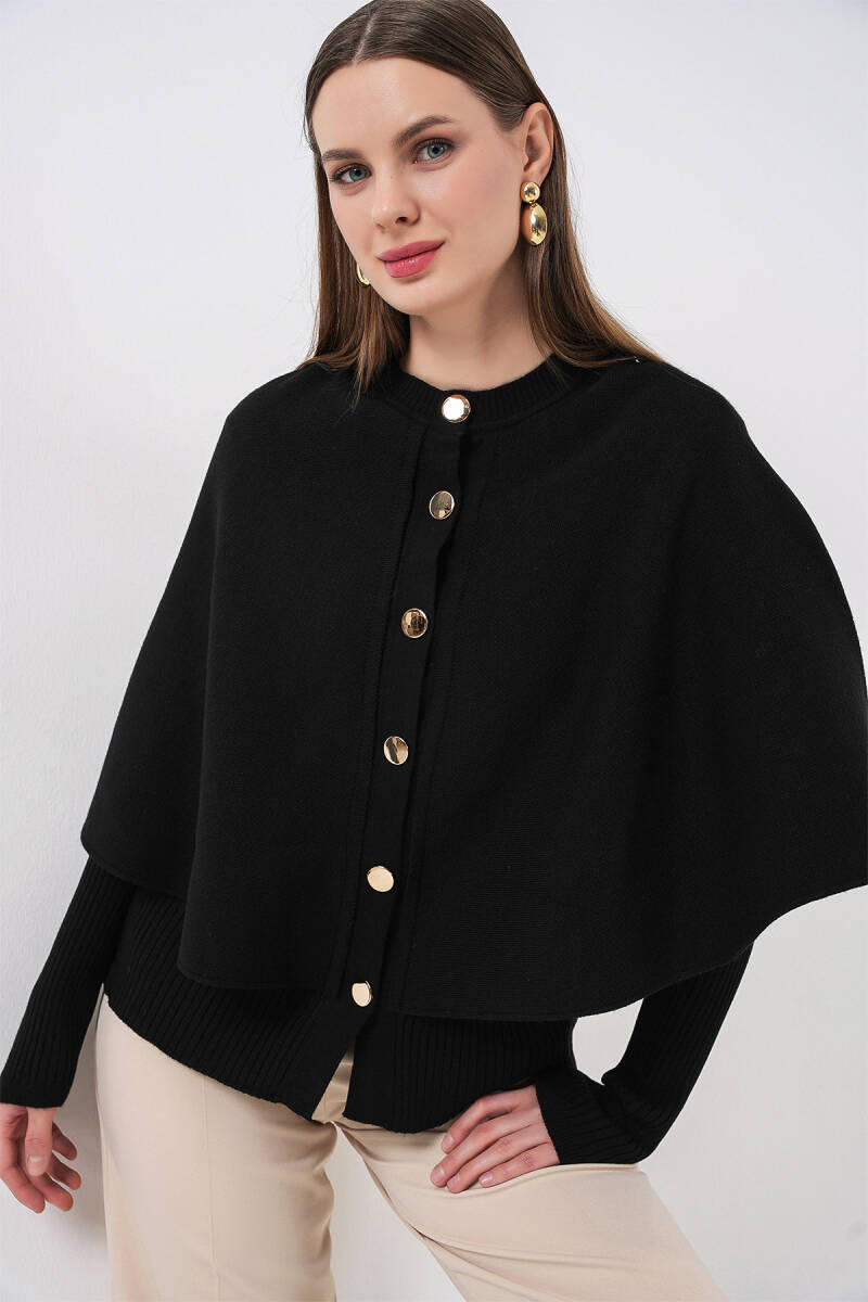 Kadın Pelerinli Triko Hırka 15967 - Siyah - BİGDART