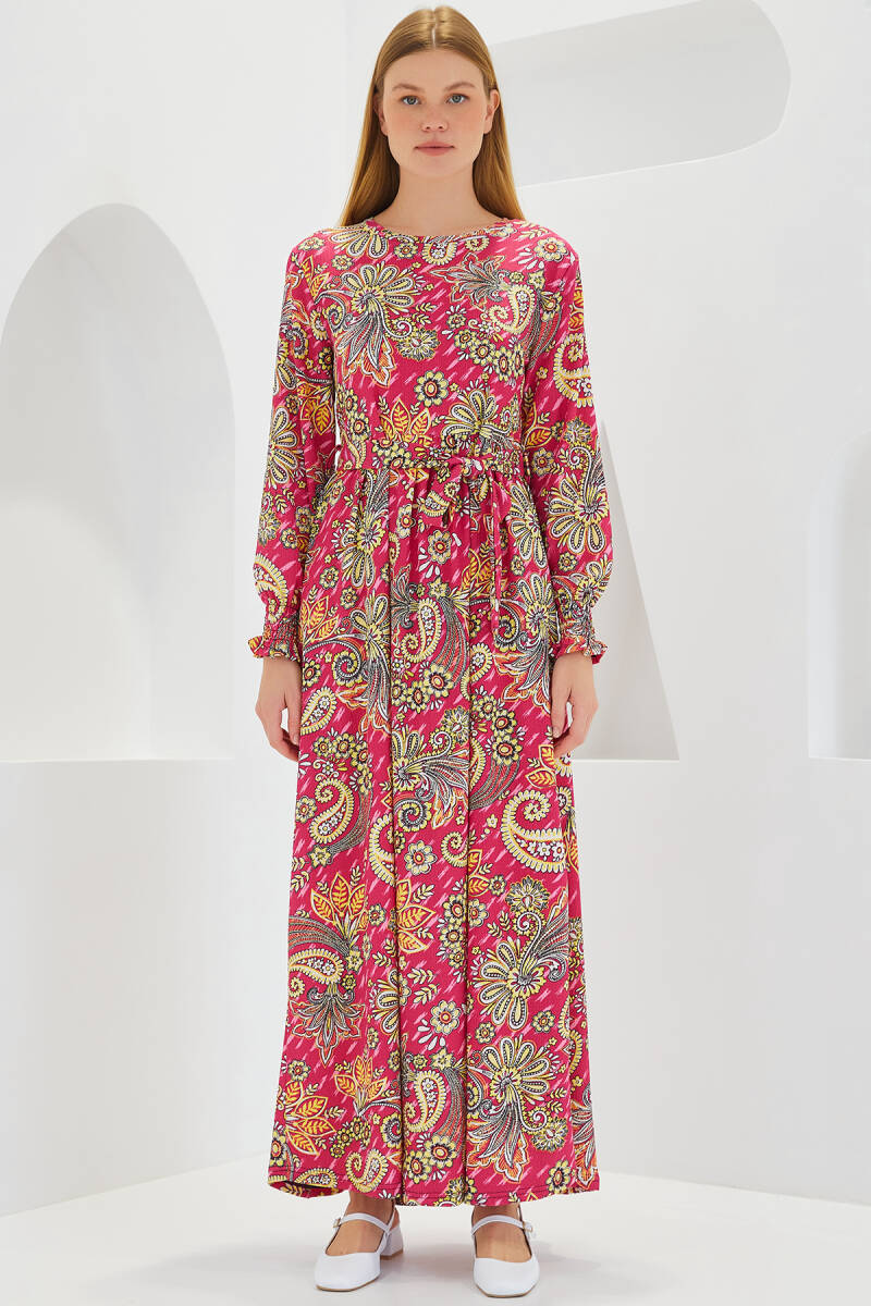 Kadın Pembe Çiçek Desenli Örme Tesettür Elbise 1525 - BİGDART
