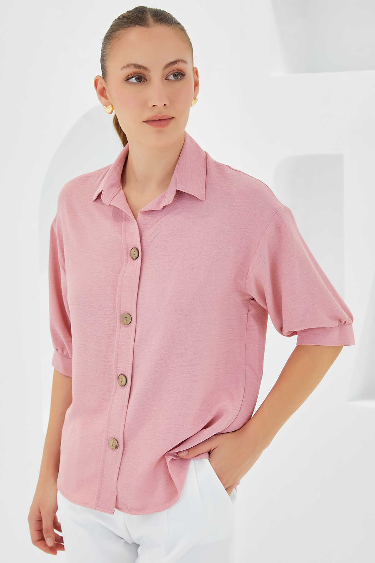 Kadın Pembe Kısa Kol Oversize Keten Gömlek 20240 - 3
