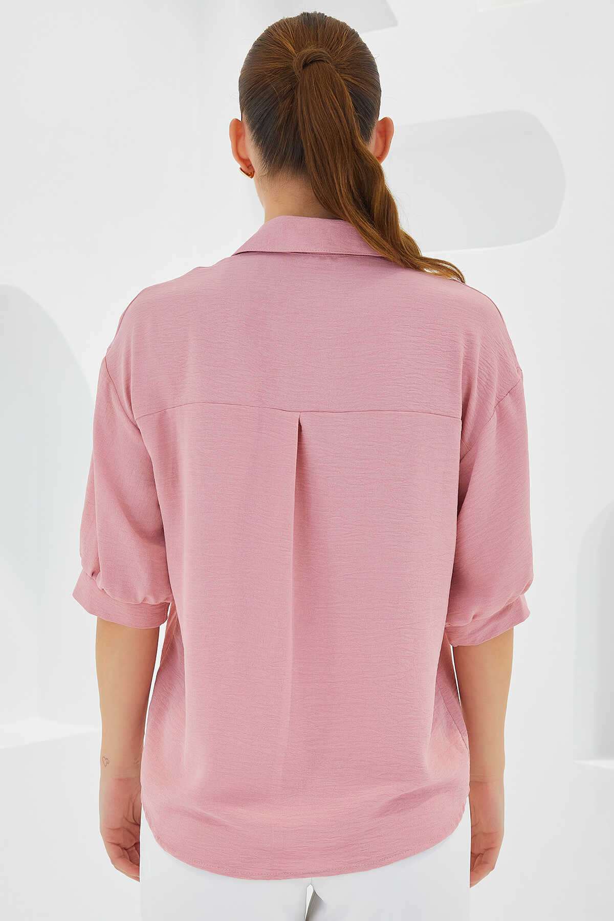 Kadın Pembe Kısa Kol Oversize Keten Gömlek 20240 - 4