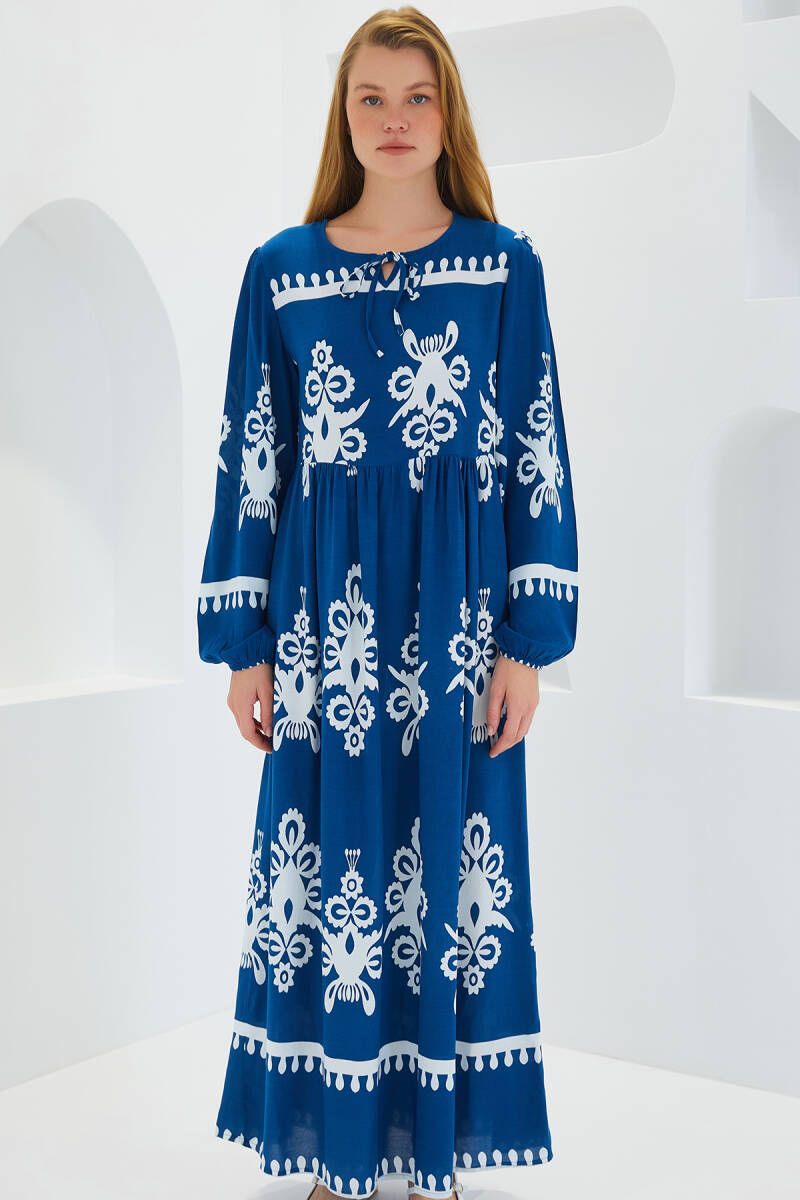 Kadın Petrol Beyaz Desenli Uzun Viskon Elbise 1947 - BİGDART