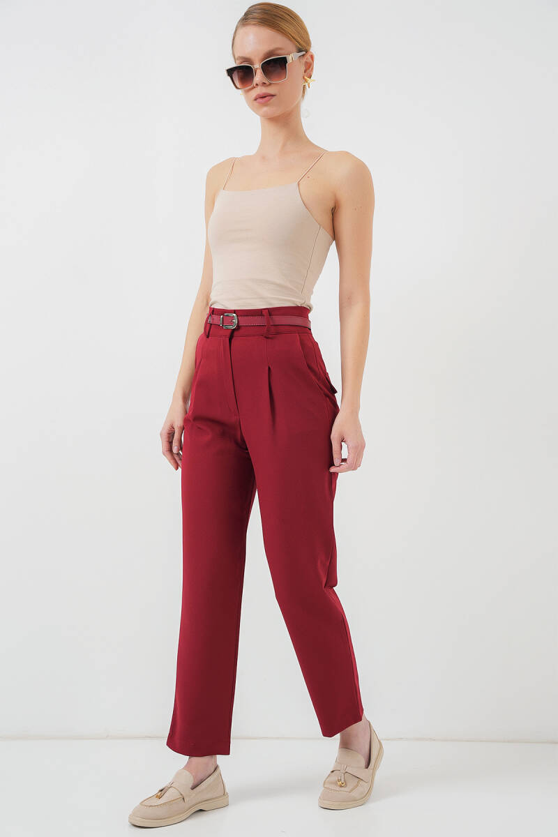 Kadın Pileli Kemerli Kumaş Pantolon 6725 - Kırmızı - BİGDART