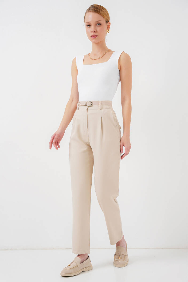 Kadın Pileli Kemerli Kumaş Pantolon 6725 - Krem - BİGDART