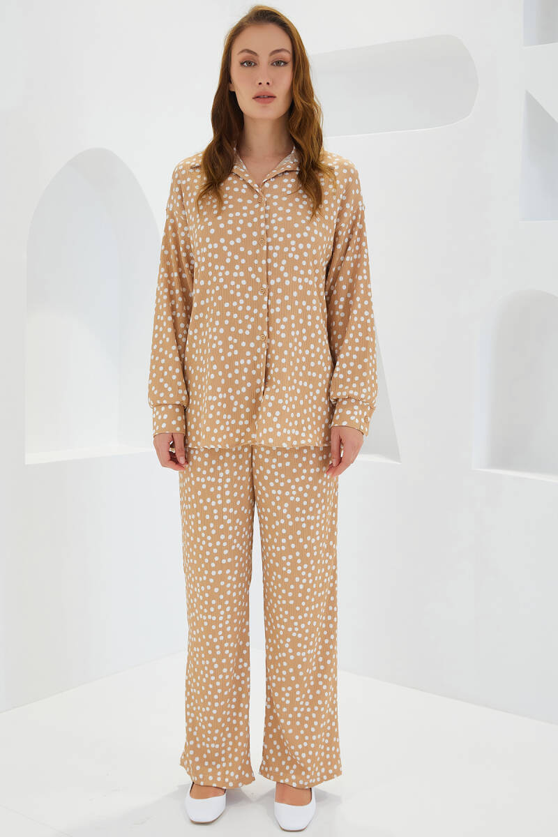 Kadın Puantiyeli Bej Ekru Örme İkili Takım 5858 - BİGDART