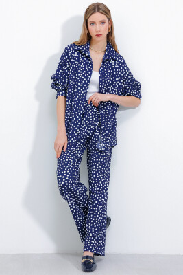 Kadın Puantiyeli Lacivert Ekru Örme İkili Takım 5858 