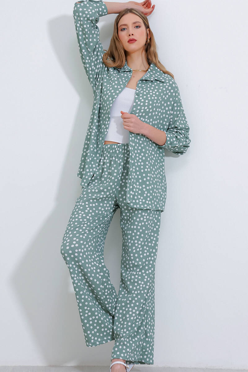 Kadın Puantiyeli Mint Ekru Örme İkili Takım 5858 - BİGDART