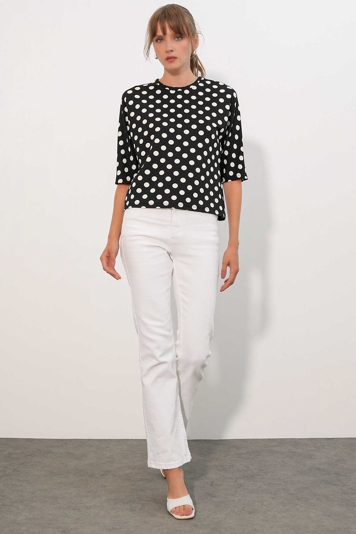 Kadın Puantiyeli Oversize Bluz 40010 - Siyah - 2