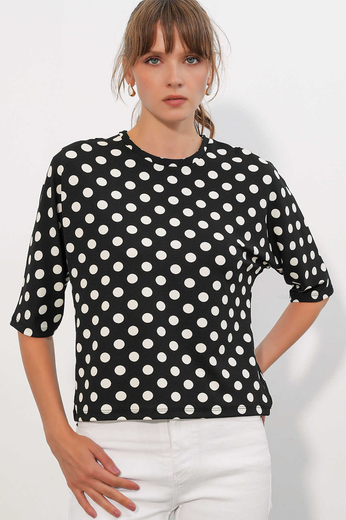 Kadın Puantiyeli Oversize Bluz 40010 - Siyah - 3