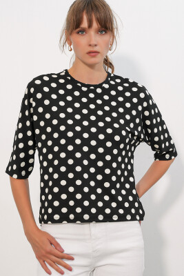 Kadın Puantiyeli Oversize Bluz 40010 - Siyah - 3