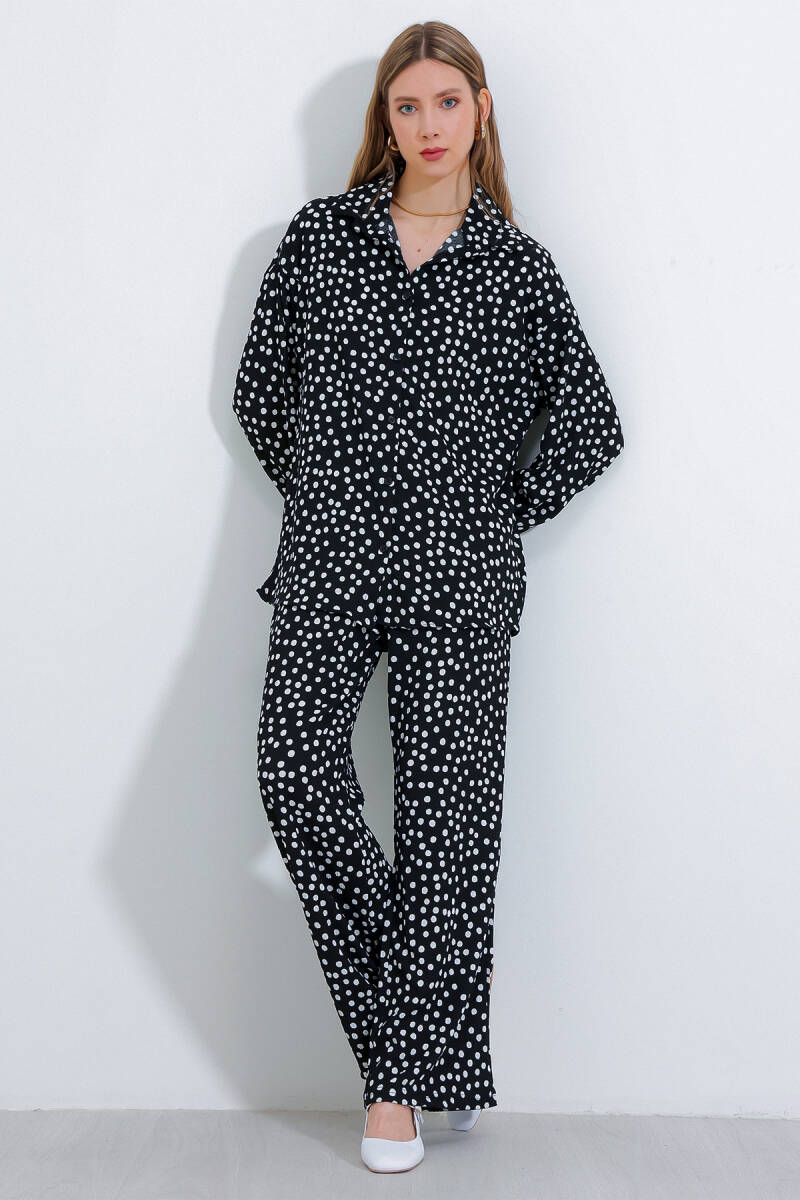 Kadın Puantiyeli Siyah Ekru Örme İkili Takım 5858 - BİGDART