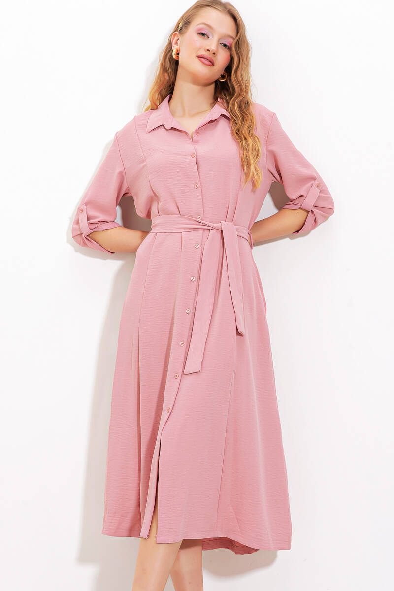 Kadın Pudra Kuşaklı Gömlek Elbise 2442 - BİGDART