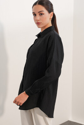 Kadın Pul Detaylı Çizgili Oversize Gömlek 20411 - Siyah - 4