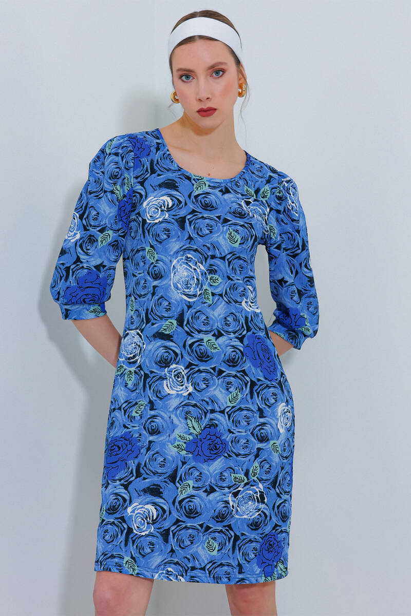 Kadın Saks Gül Desenli Midi Elbise 2477 - BİGDART