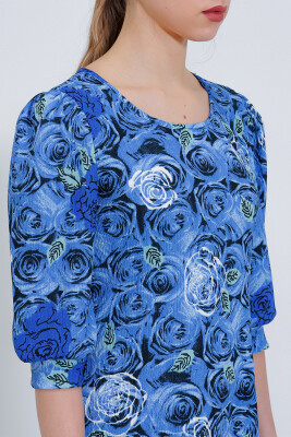 Kadın Saks Gül Desenli Midi Elbise 2477 - 4
