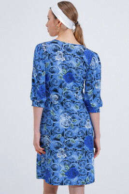 Kadın Saks Gül Desenli Midi Elbise 2477 - 5