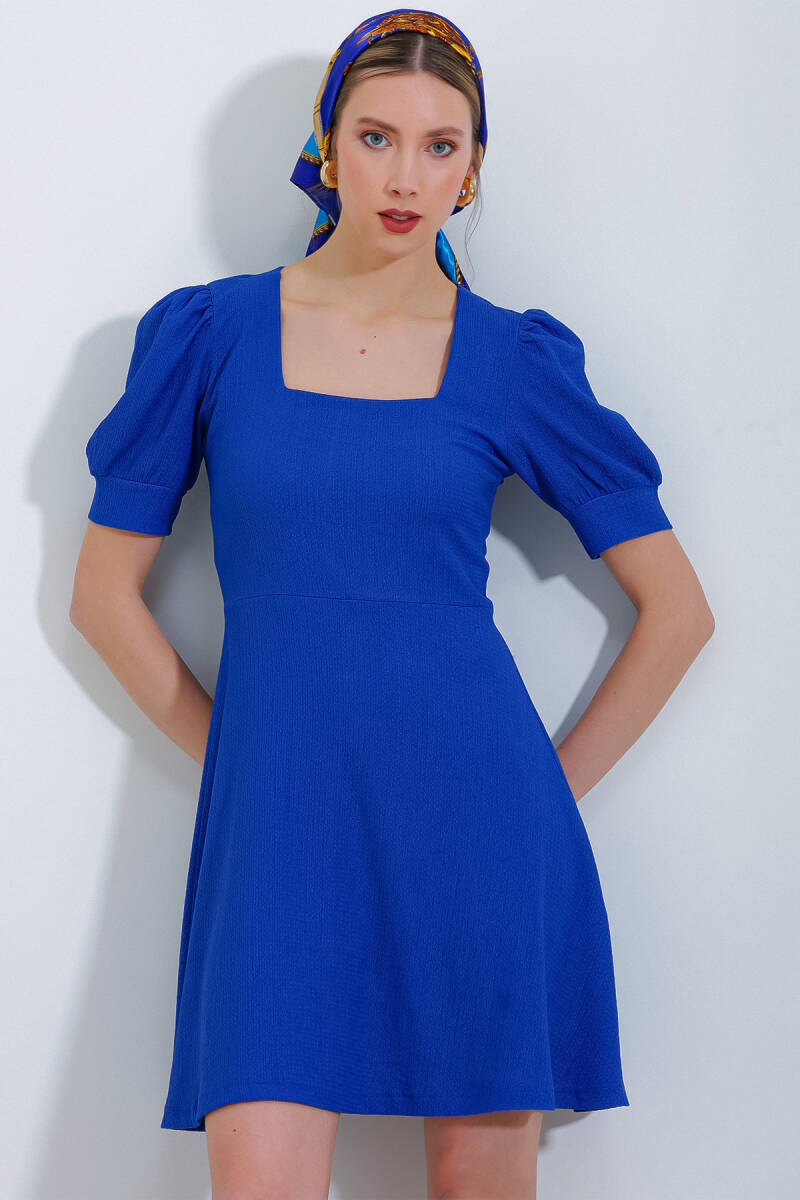 Kadın Saks Kare Yaka Örme Mini Elbise - BİGDART