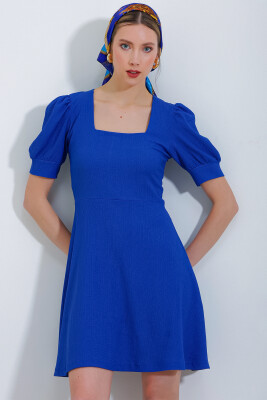 Kadın Saks Kare Yaka Örme Mini Elbise 