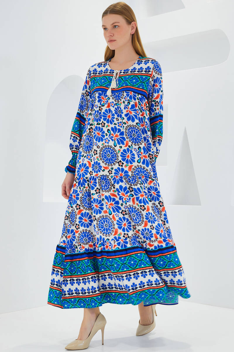 Kadın Saks Mavi Desenli Uzun Viskon Elbise 1947 - BİGDART