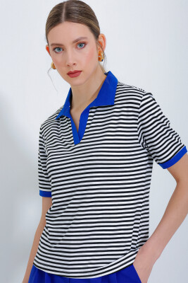 Kadın Saks Polo Yaka Çizgili Tişört 0499 