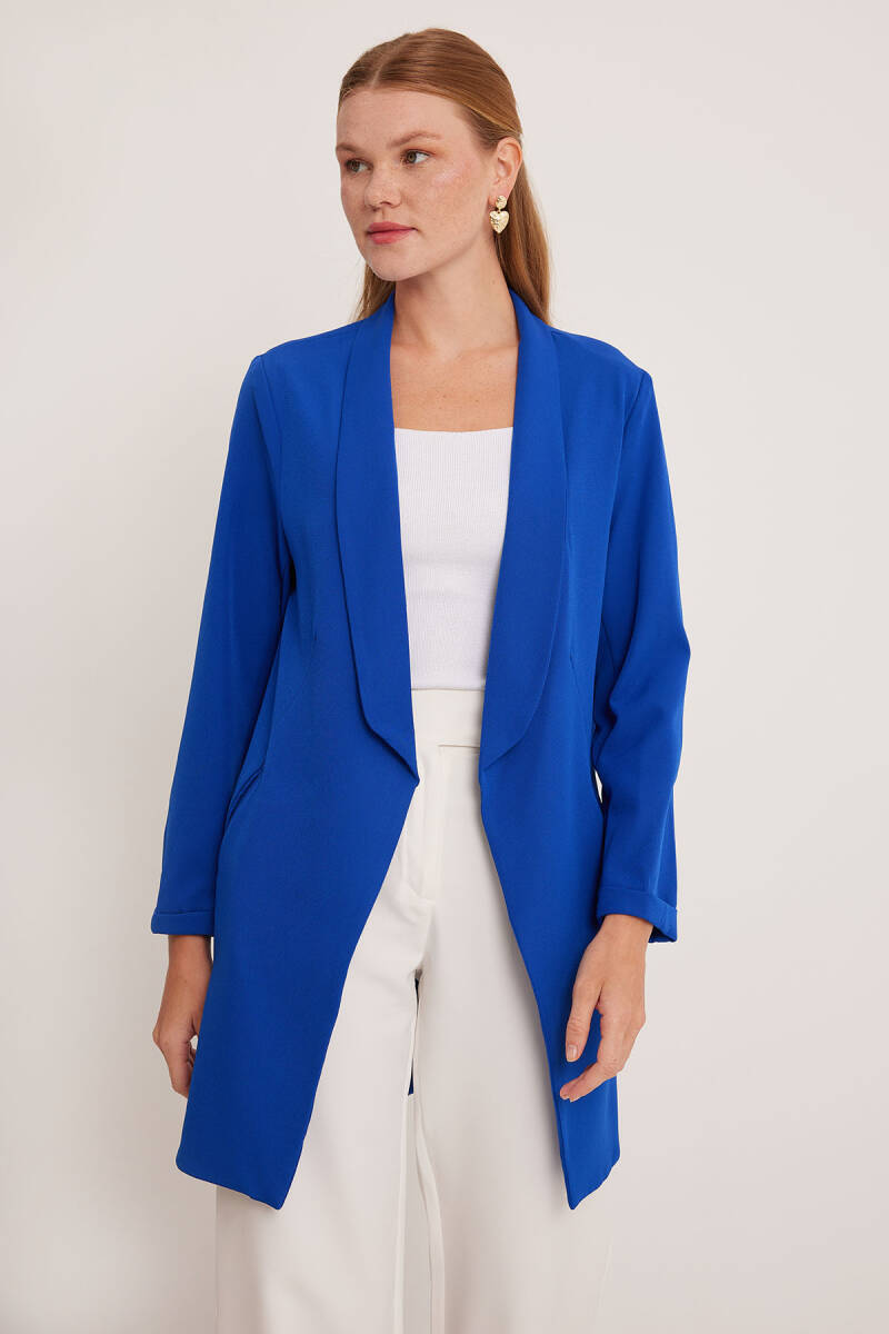 Kadın Saks Uzun Blazer Ceket 0705 - BİGDART