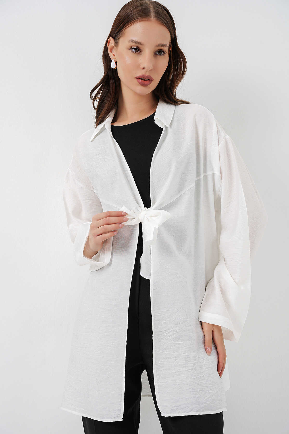Kadın Salaş Bağcıklı Kimono 5981 - Beyaz - 3
