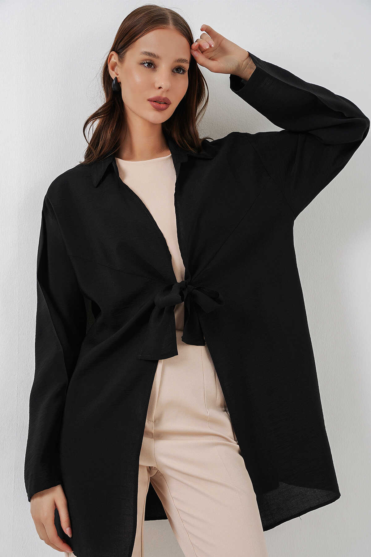 Kadın Salaş Bağcıklı Kimono 5981 - Siyah - 1