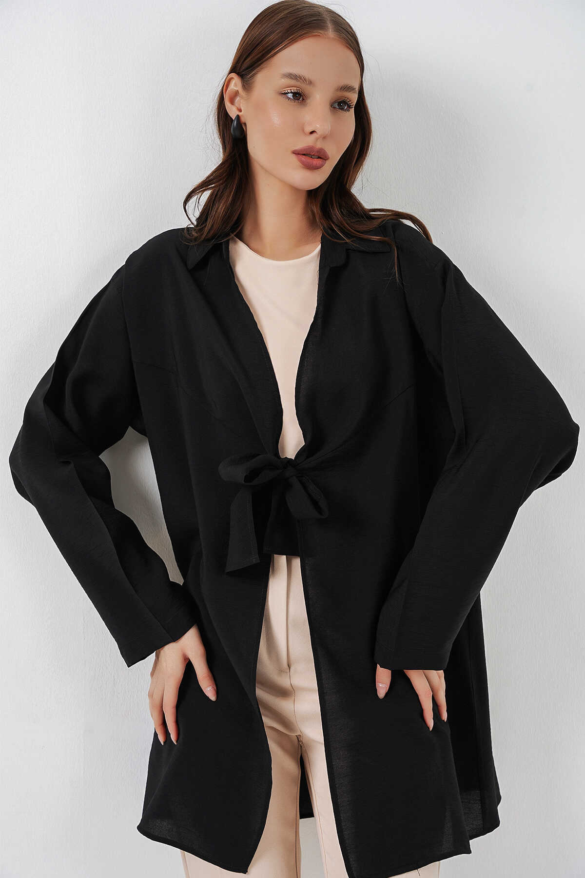 Kadın Salaş Bağcıklı Kimono 5981 - Siyah - 3