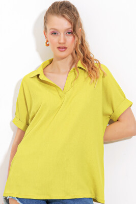 Kadın Sarı Oversize Polo Yaka Örme Bluz 0486 