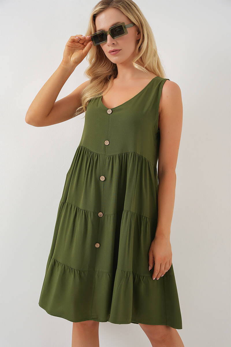 Kadın Sıfır Kol Düğmeli Kısa Elbise 2571 - Haki - BİGDART