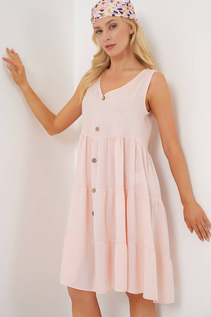 Kadın Sıfır Kol Düğmeli Kısa Elbise 2571 - Pudra - BİGDART