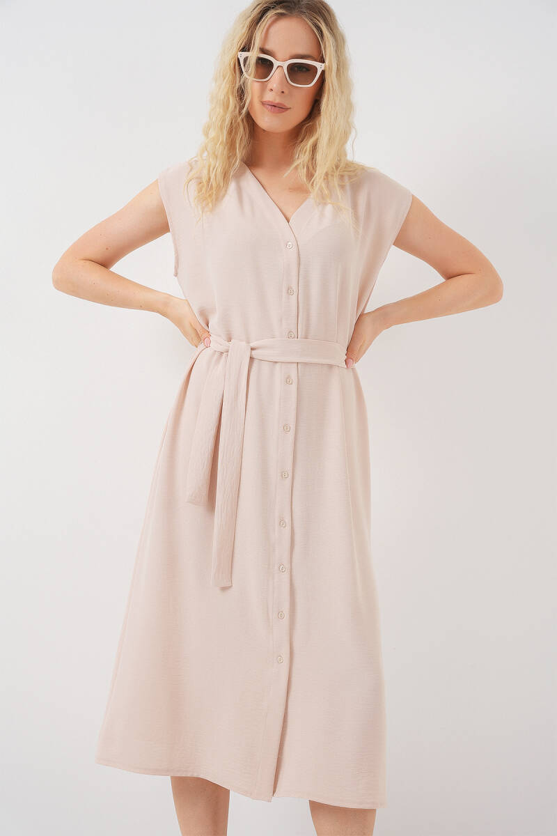 Kadın Sıfır Kol Kuşaklı Ayrobin Elbise 2568 - Krem - BİGDART