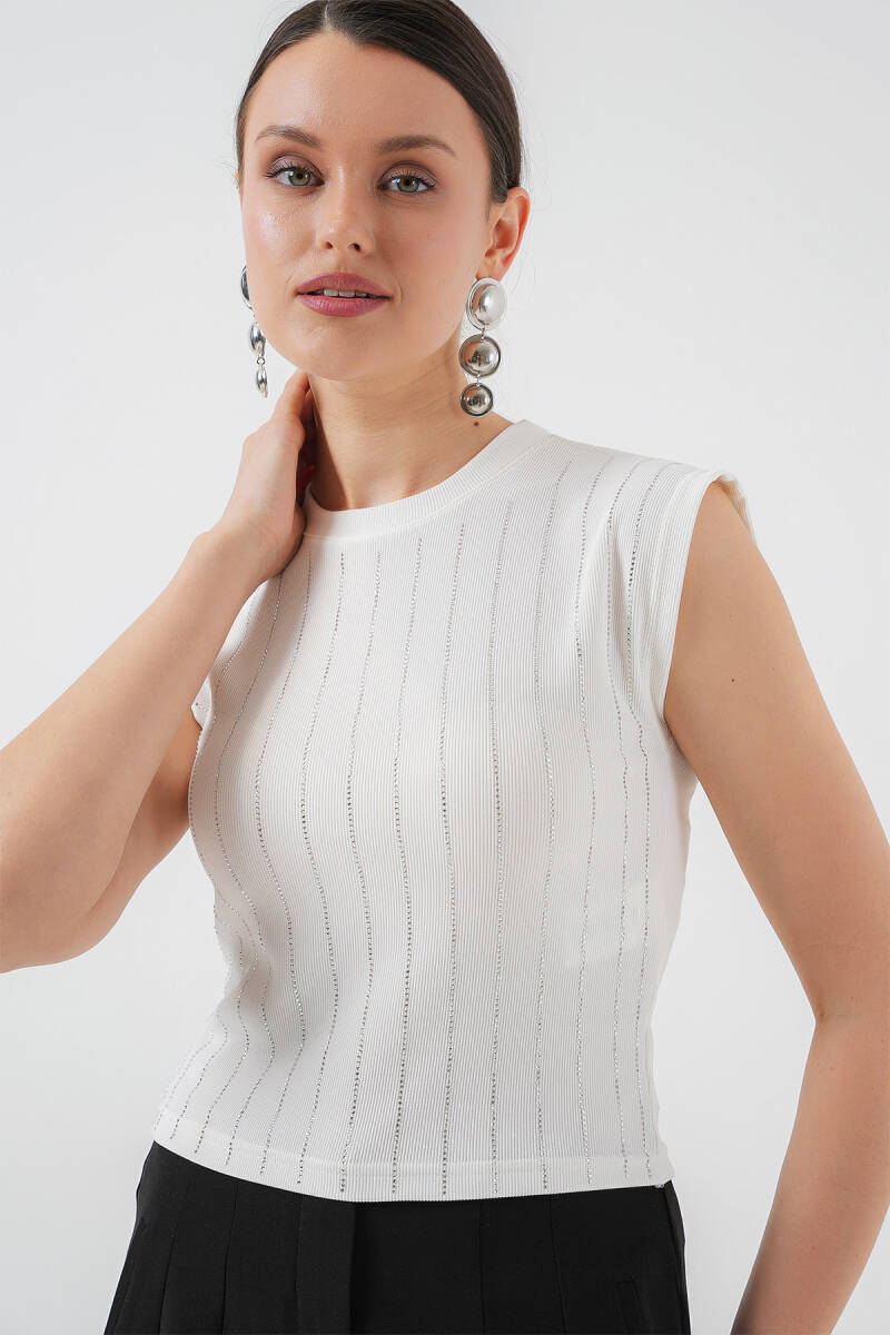 Kadın Sıfır Kol Taşlı Bluz 931 - Beyaz - BİGDART