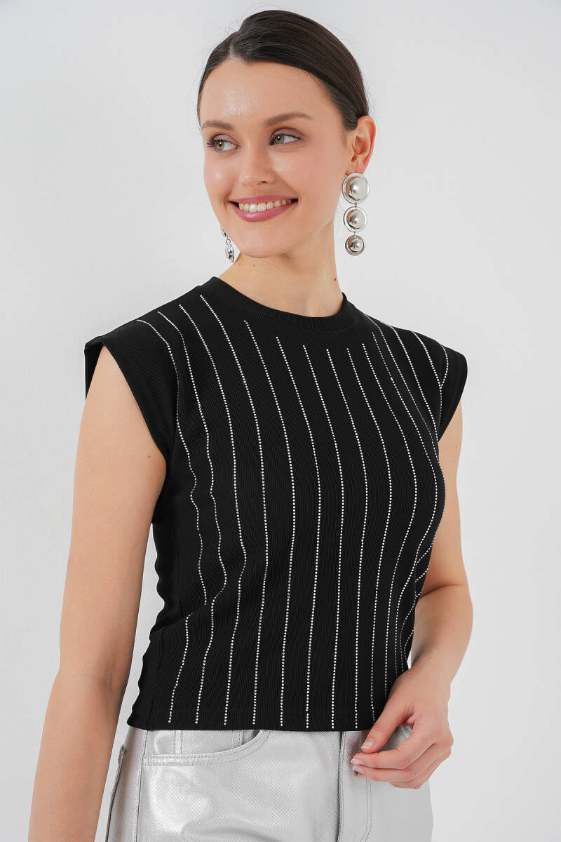 Kadın Sıfır Kol Taşlı Bluz 931 - Siyah - BİGDART