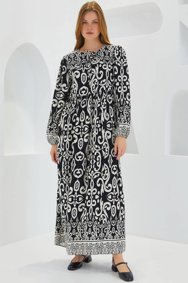 Kadın Siyah Ekru Desenli Uzun Viskon Elbise 1947 - BİGDART