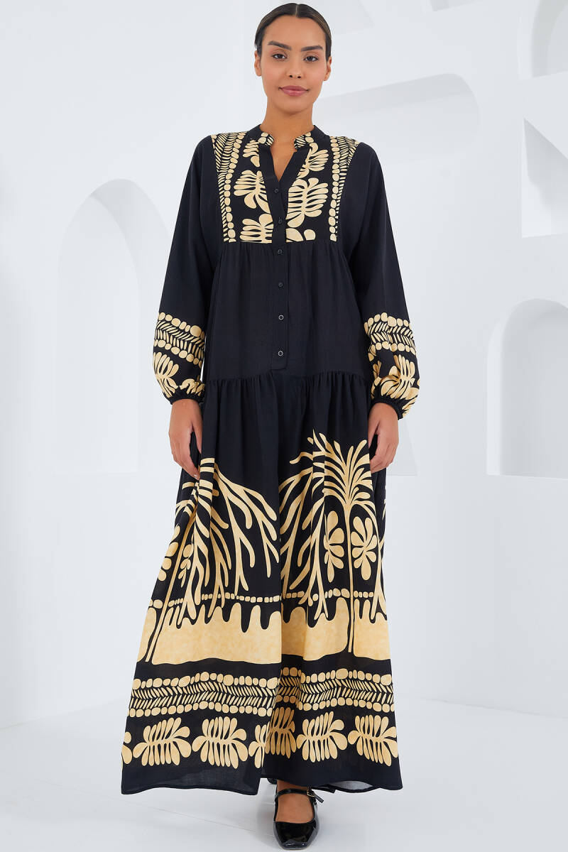 Kadın Siyah Hardal Viskon Tesettür Elbise 2423 - BİGDART