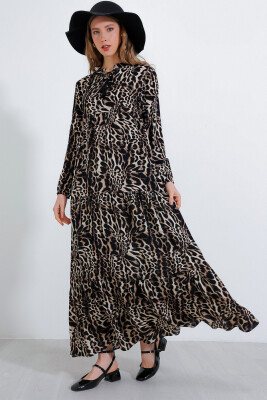 Kadın Siyah Kahverengi Yaka Bağcıklı Viskon Boydan Tesettür Elbise 1627 