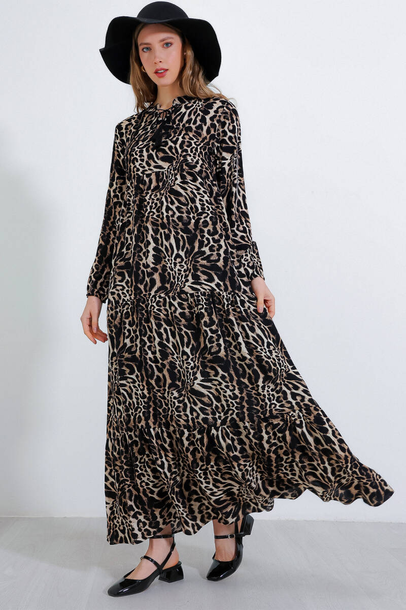 Kadın Siyah Kahverengi Yaka Bağcıklı Viskon Boydan Tesettür Elbise 1627 - BİGDART