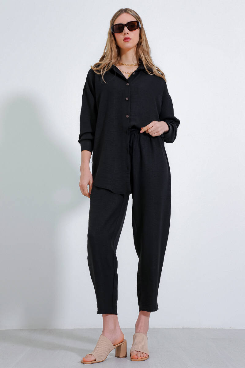Kadın Siyah Oversize Keten Alt Üst Takım 6622 - BİGDART