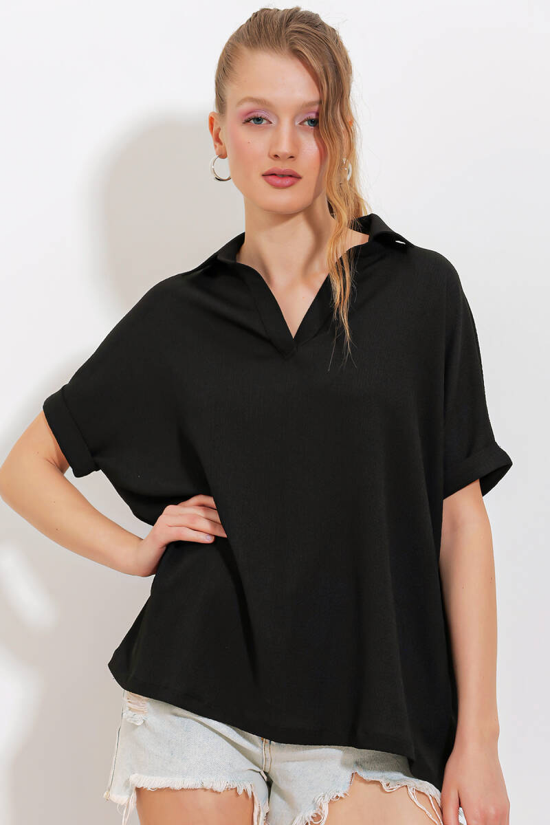 Kadın Siyah Oversize Polo Yaka Örme Bluz 0486 - BİGDART