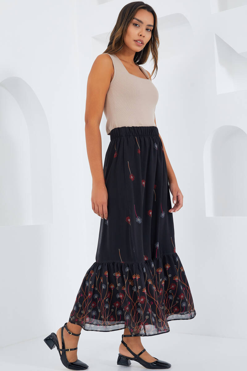 Kadın Siyah Turuncu Desenli Şifon Etek 8010 - BİGDART